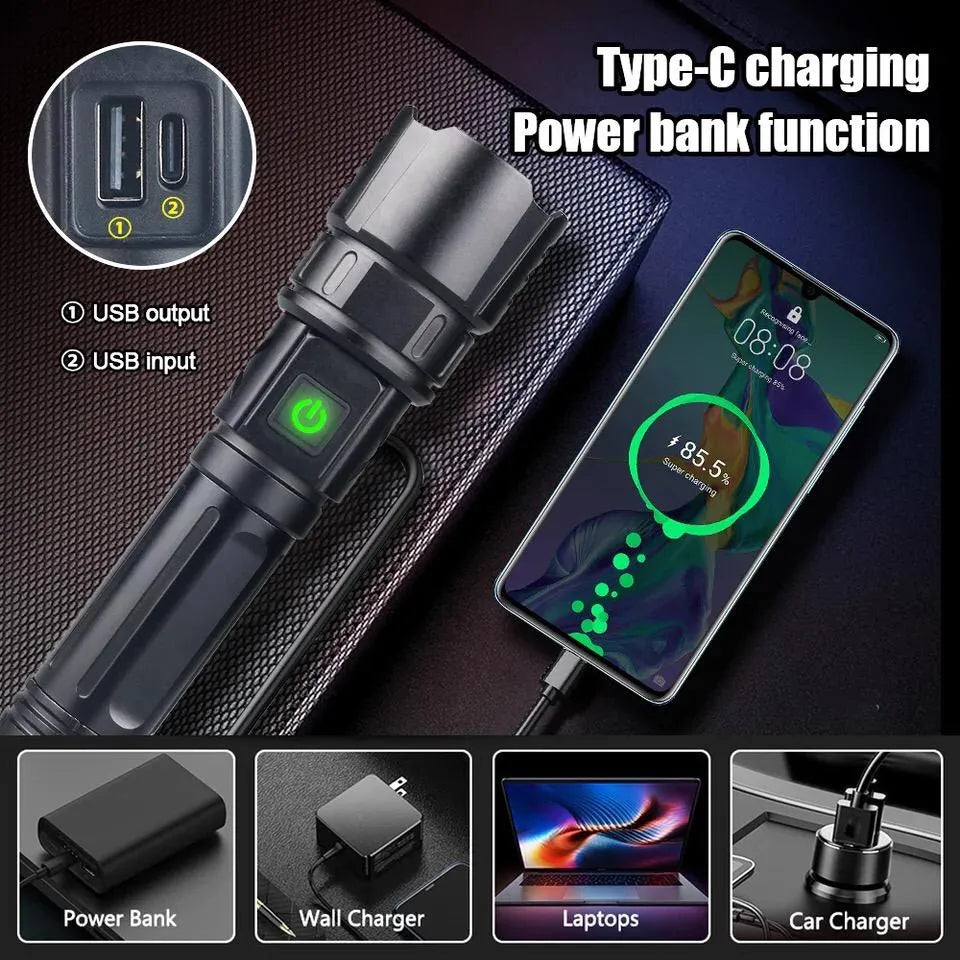RL-2210 Rechargeable LED Emergency Flashlight 1KM Range | USB Torch with Side Work Light